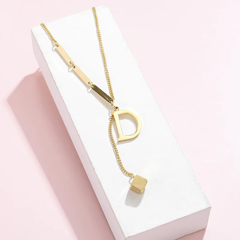 Fashion Simple Style 18K Gold Plated Stainless Steel Jewelry D Letter Pendant Layered Cube Chain Necklace For Women