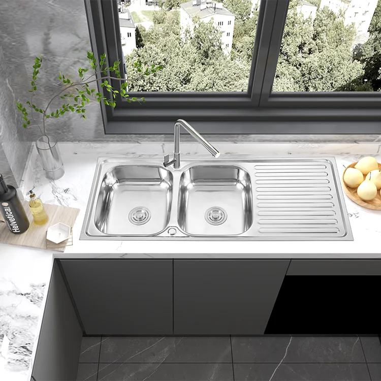 12050 Stainless Steel Kitchen Sink Two-Double Bowl Wash Laundry Board Drainboard Cabinet Counter Installation Brushed Surface