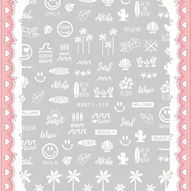 HANYI-319-327 Nail Art Decals 3D Manicure Coconut Palm Letters Flower Nail Stickers for Nail Decoration