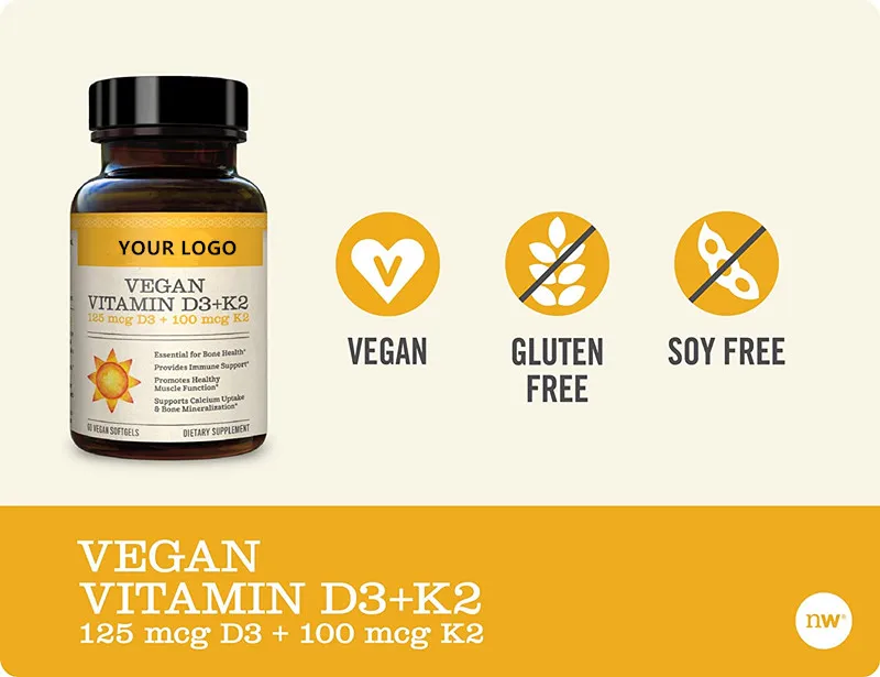 Vegan Vitamin D3 5000iu (125 mcg) + Vitamin K2 (100mcg VitaMK7) Healthy Muscle Function, and Immune Support