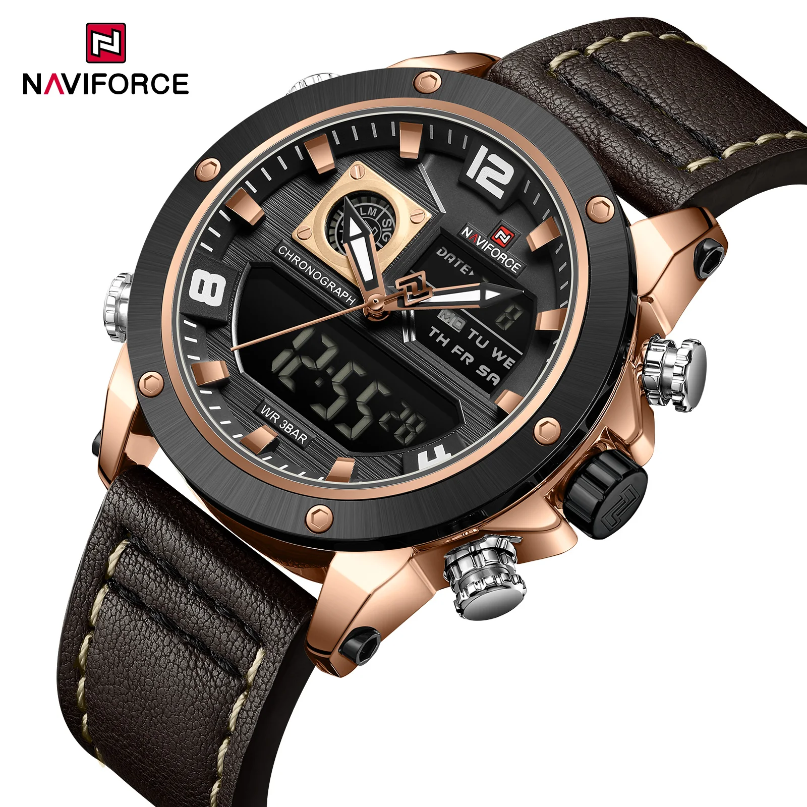 Naviforce NF9236 fashion men digital watch original Genuine Leather Strap water resist double display storage business watch set