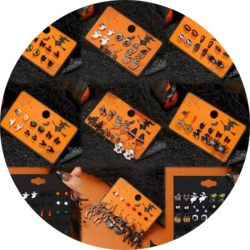 Hot Selling S925 Silver Needle Halloween Ghost And Bat Elements Earrings Set With Cartoon Funny Pumpkin Head