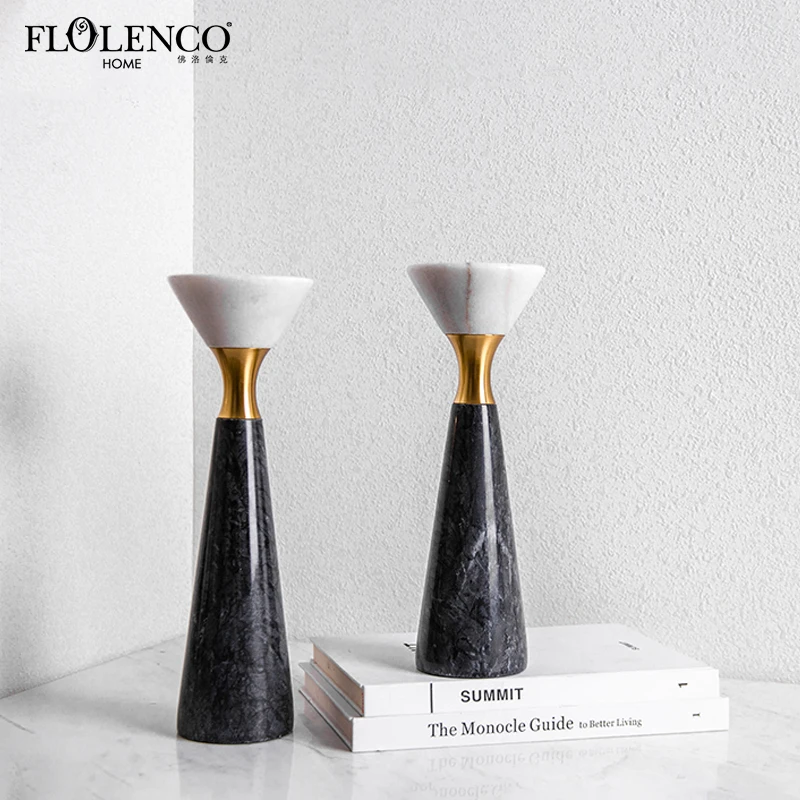 Flolenco Interior Modern Table Living Room Candlestick Antique Gold Luxury Marble Candle Holders