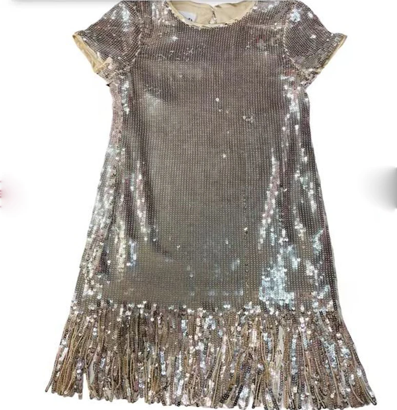 New in 2024 spring summer children sleeveless dress pure color sequin Fringed dresses for girls