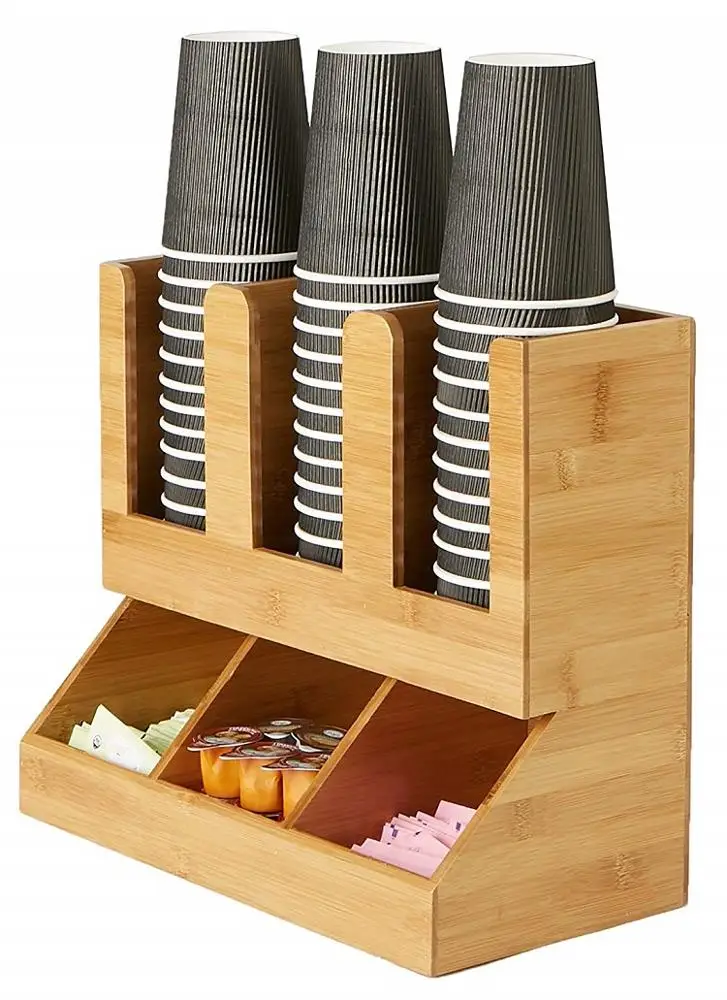 Customized Logo Bamboo Coffee Tea Bag Organizer Station Rack Upright Coffee Breakroom Condiment and Cup Storage Organizer Holder