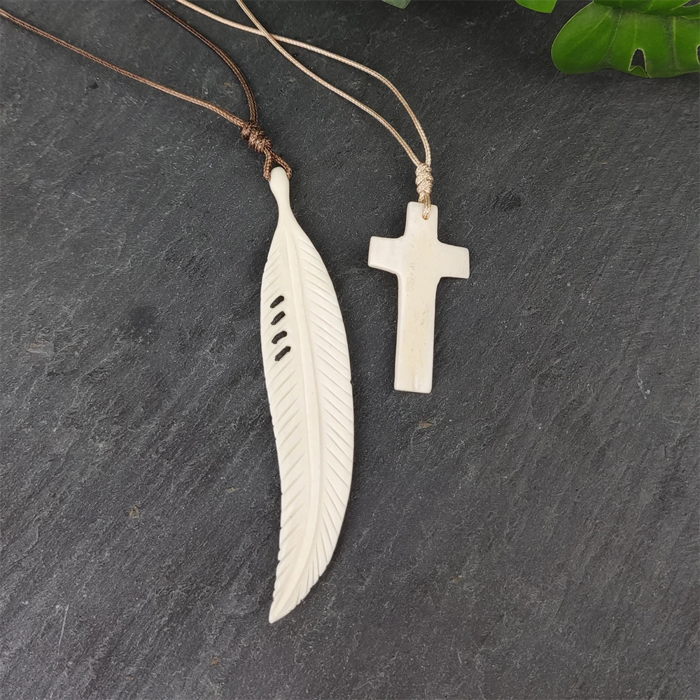 2024 New Arrivals Maya necklace yak bone carved feather charm necklaces cross with skeleton pendant Primitive tribes jewelry