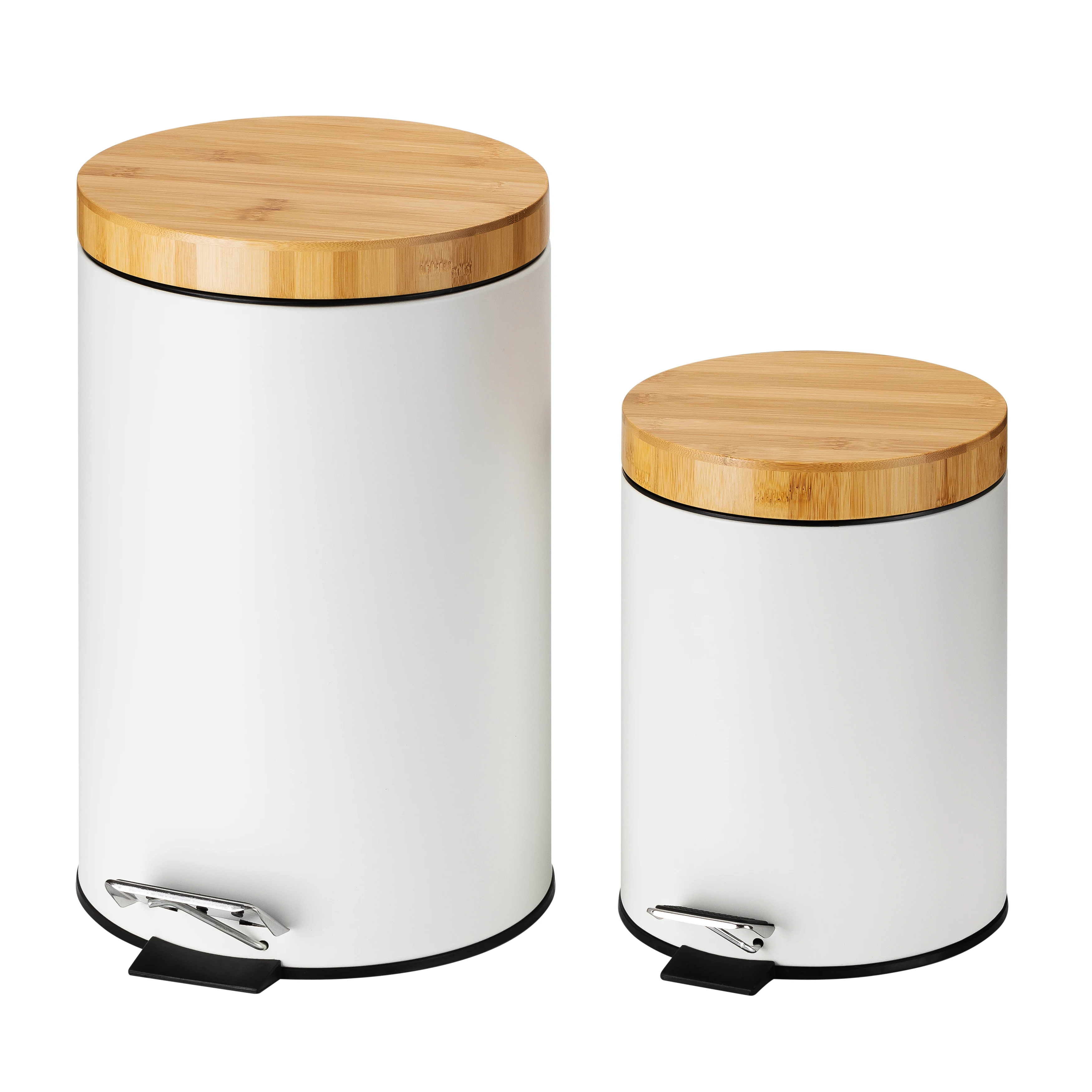 New Design Small Brushed White Round Steel Bathroom Trash can with Pedal Bamboo lid Soft Close Recycling Removable Inner Bin