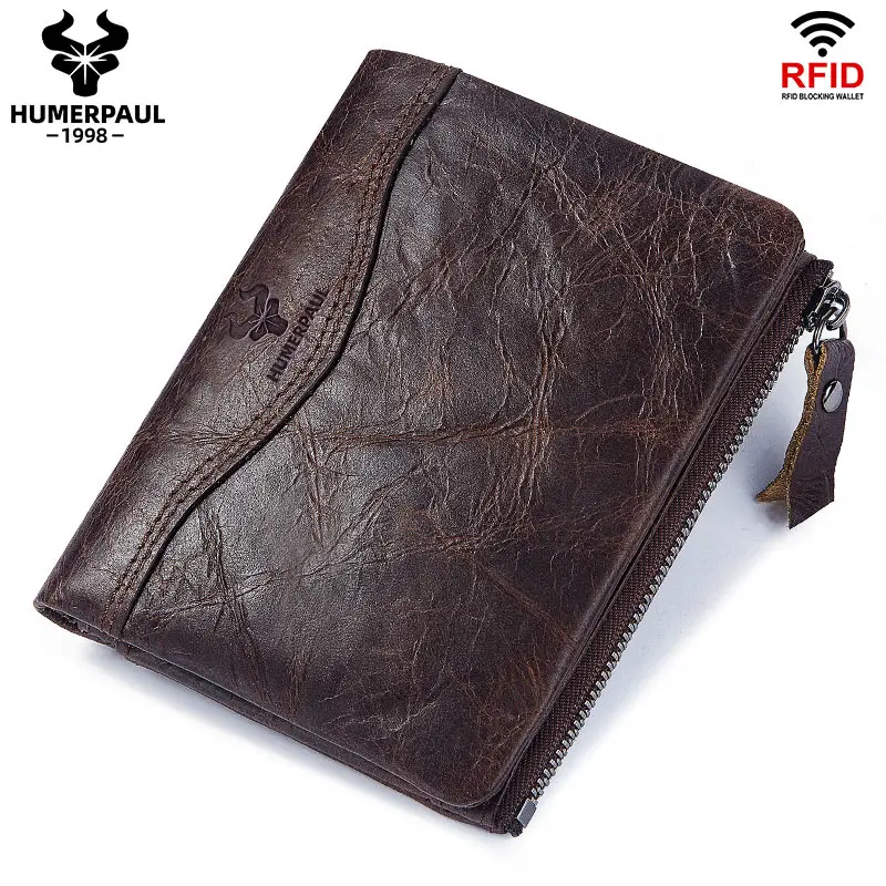 TS Customized Classic Double Fold Original Natual Leather Wallet for Men RFID Card Holder Purse with ID Window Clutch
