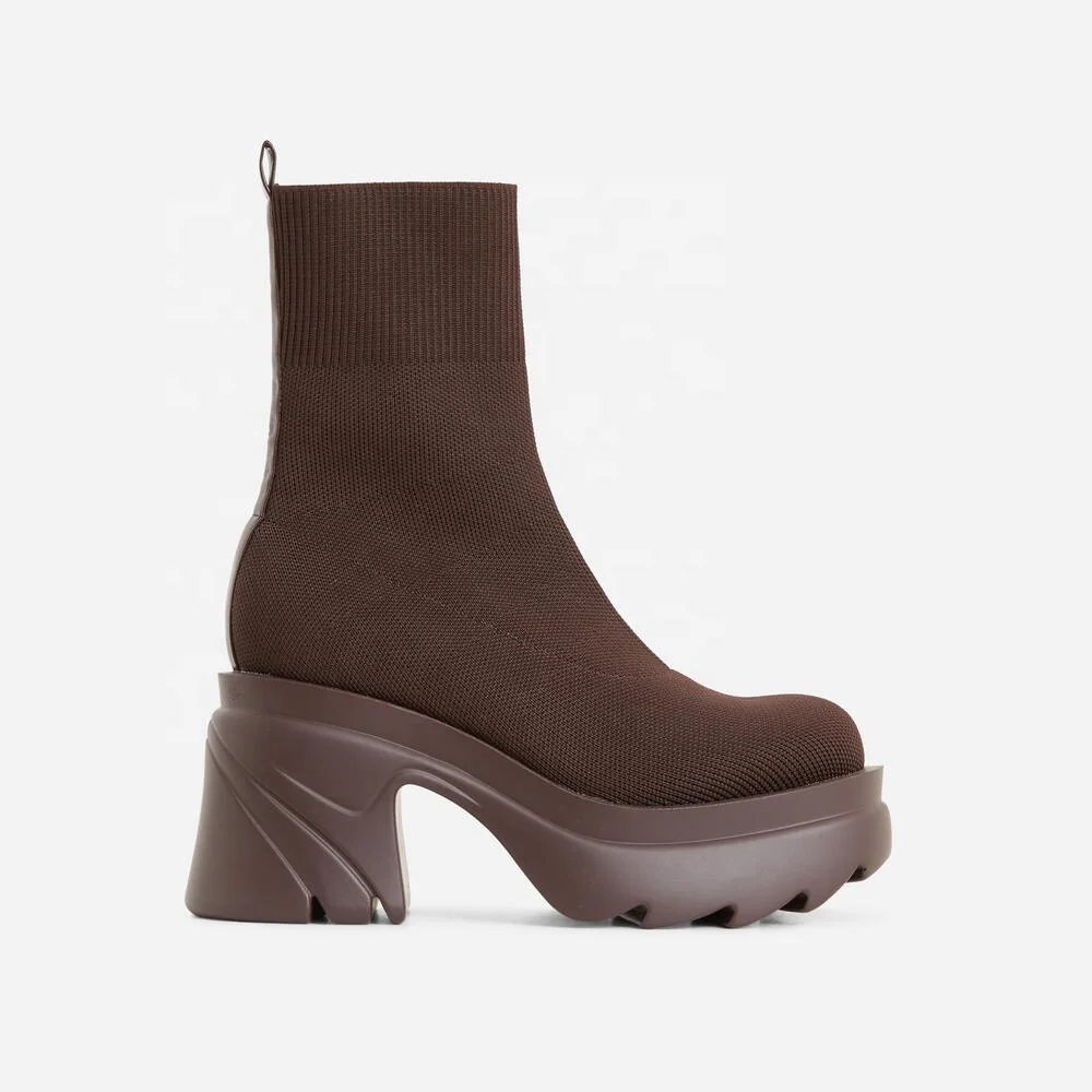 2022 New Arrival Women Chunky Sole Platform Block Heel Ankle Sock Boots Ladies Thick Bottom Knit Outside Boots