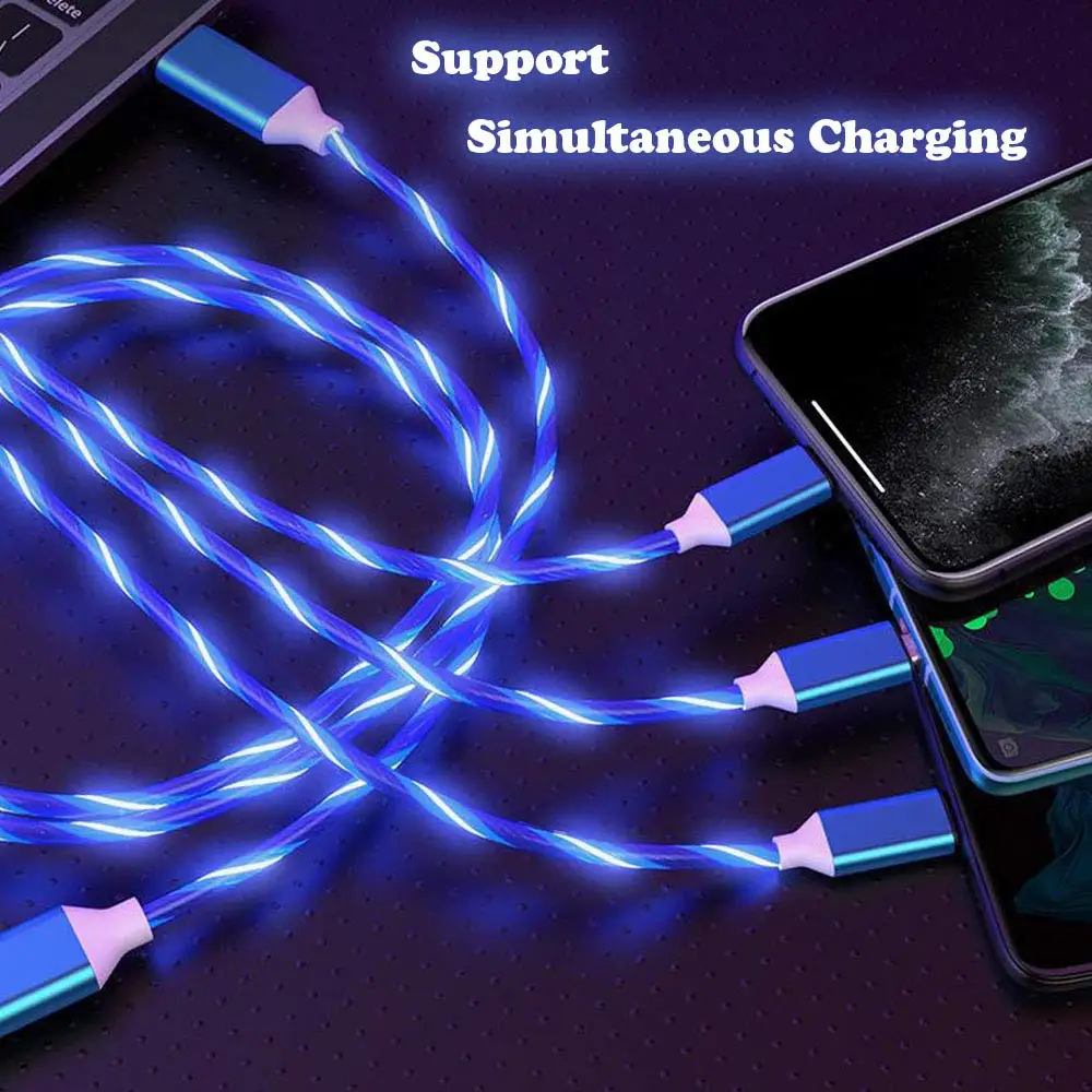 
New Trending 2.4A 3 in 1 Android Charger Cable LED Flowing Lightning Micro USB Cabel Fast USB Charging Data Cables 