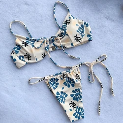 Bandage Mirco Brazilian Bikini Floral and Striped Two Pieces Swimsuit Padded Thong Tie Side Bathing Suits