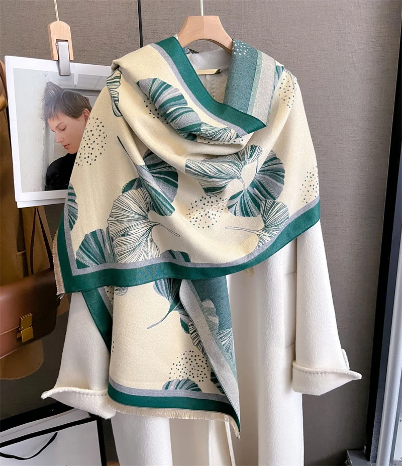 New Ginkgo Biloba Print Double-Sided Cashmere Feeling Scarf Women Bandana Poncho Winter Double Sided Warm Shawl