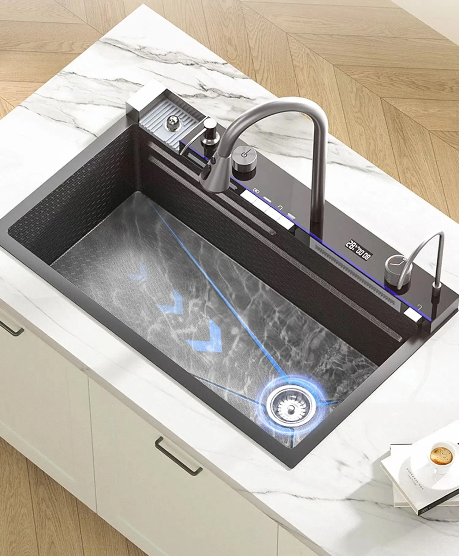 Delux Black Stainless Steel Sink Kitchen Single Slot Multifunction LED Digital Display Waterfall Smart Kitchen Sink Cup Washer