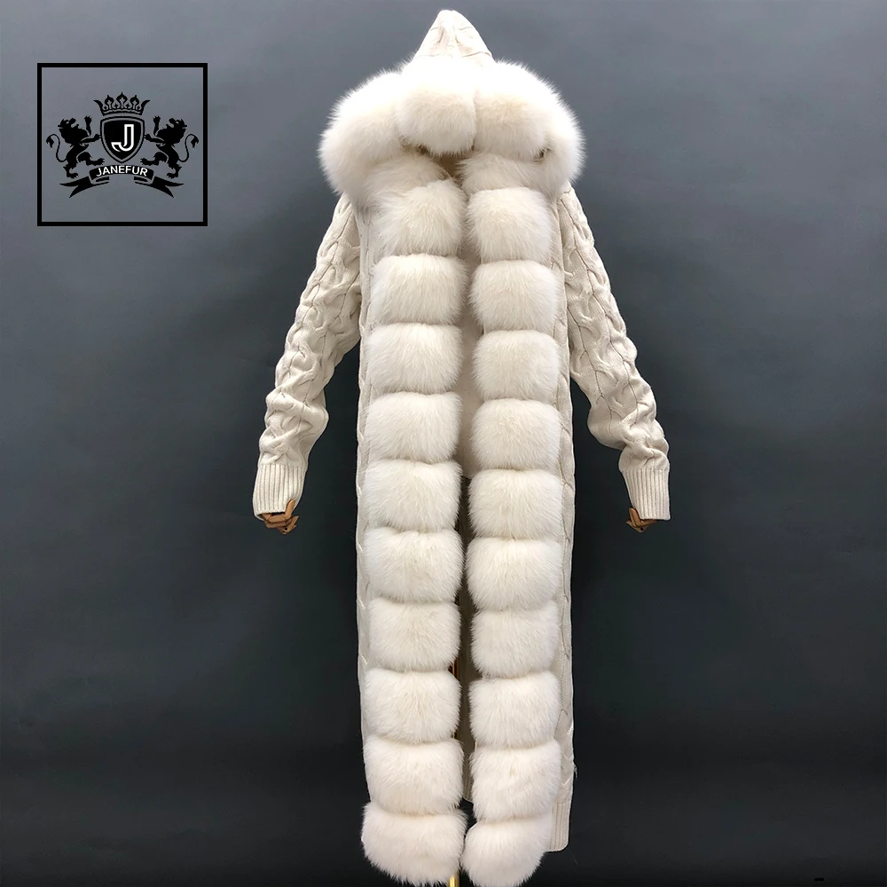 Long Ankle Length Women Knitted Cashmere Cardigan With Real Fox Fur Collar