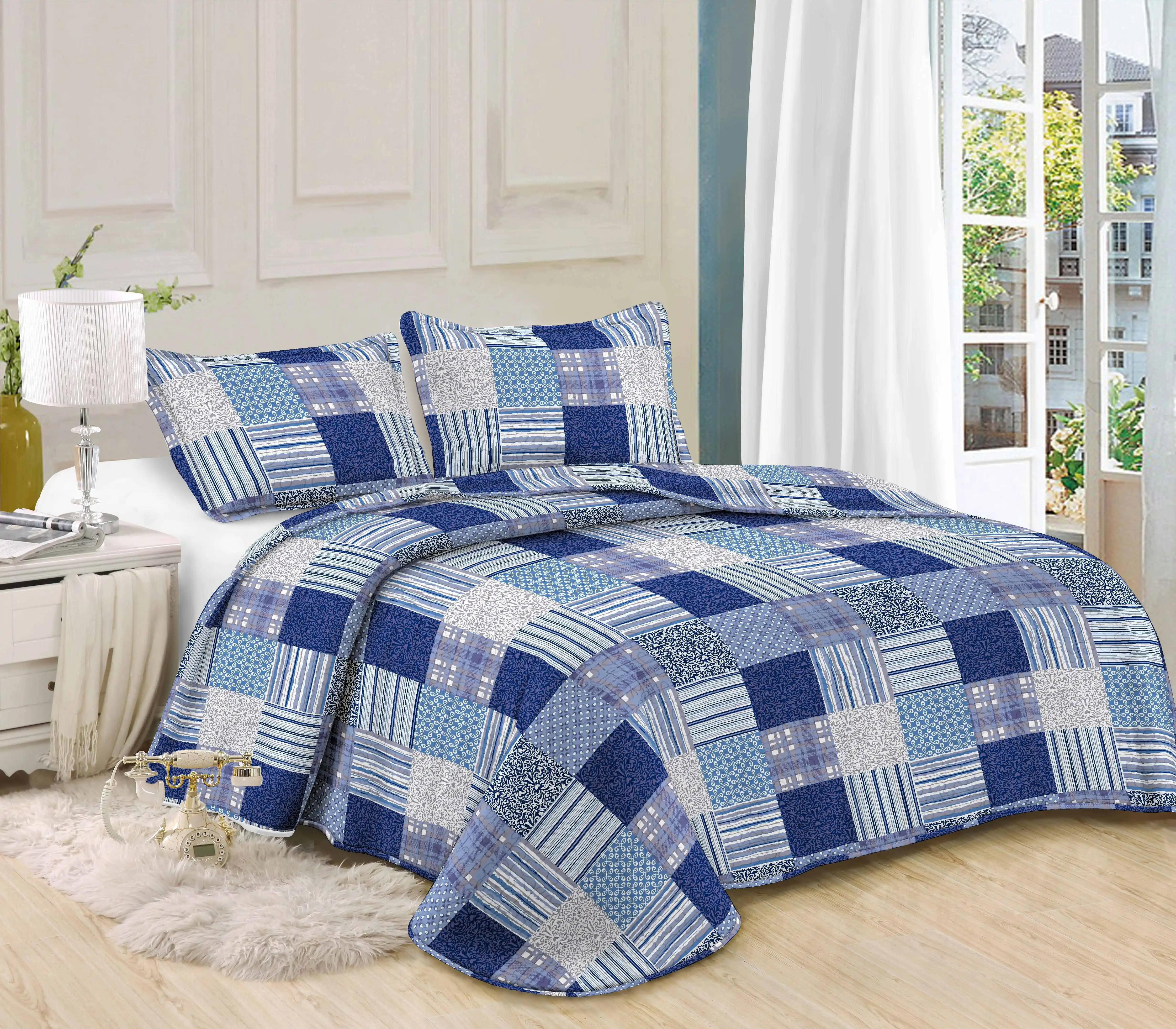Hot Sale Factory Supply Printed Ultrasonic Coverlet Patchwork Embossed Microfiber Luxury Quilted Set Bedspread