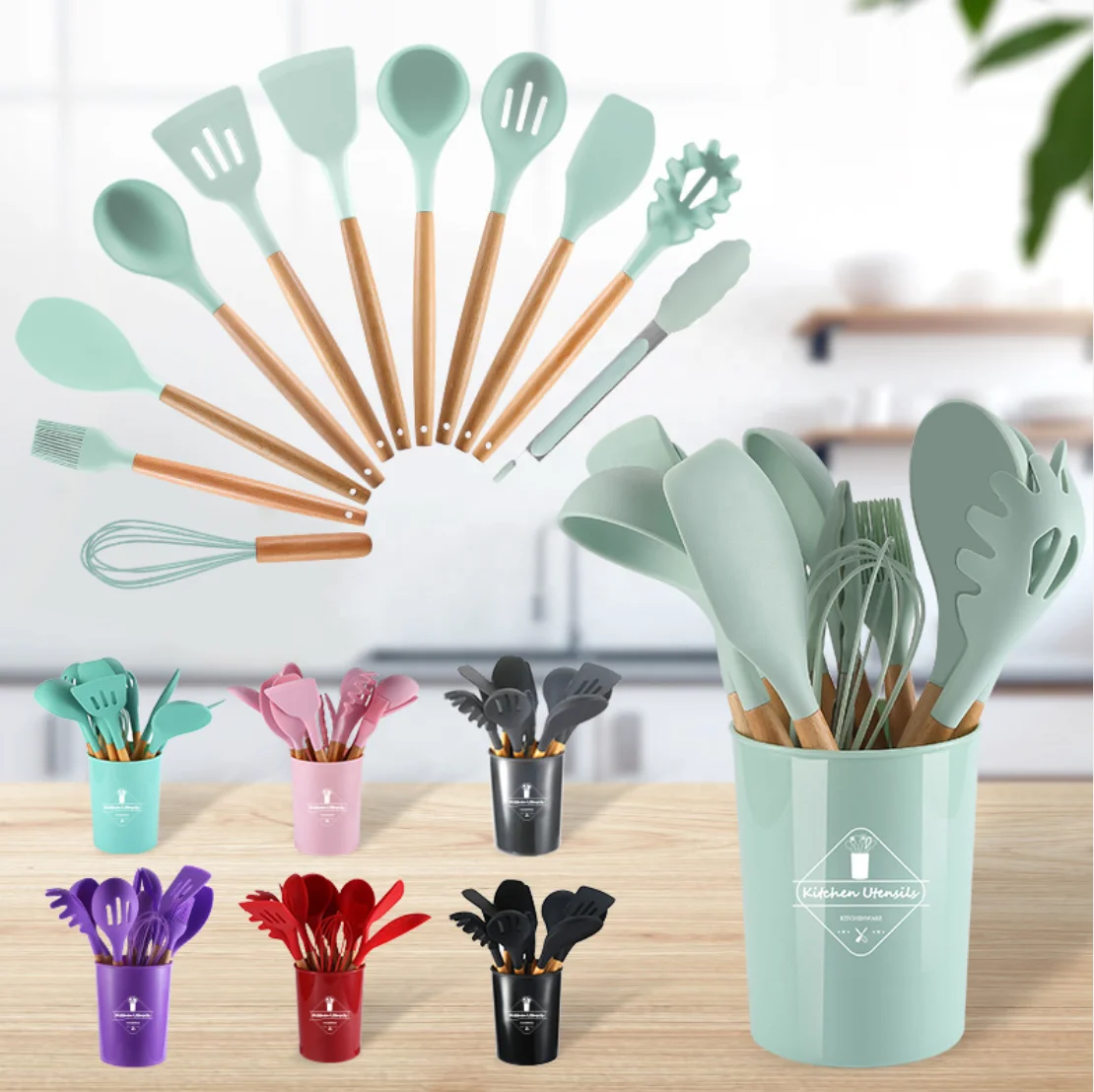 Customized Turner Spoon Cooking Wooden Handle Kitchen Tools 12pcs Silicone Kitchen Utensil Set