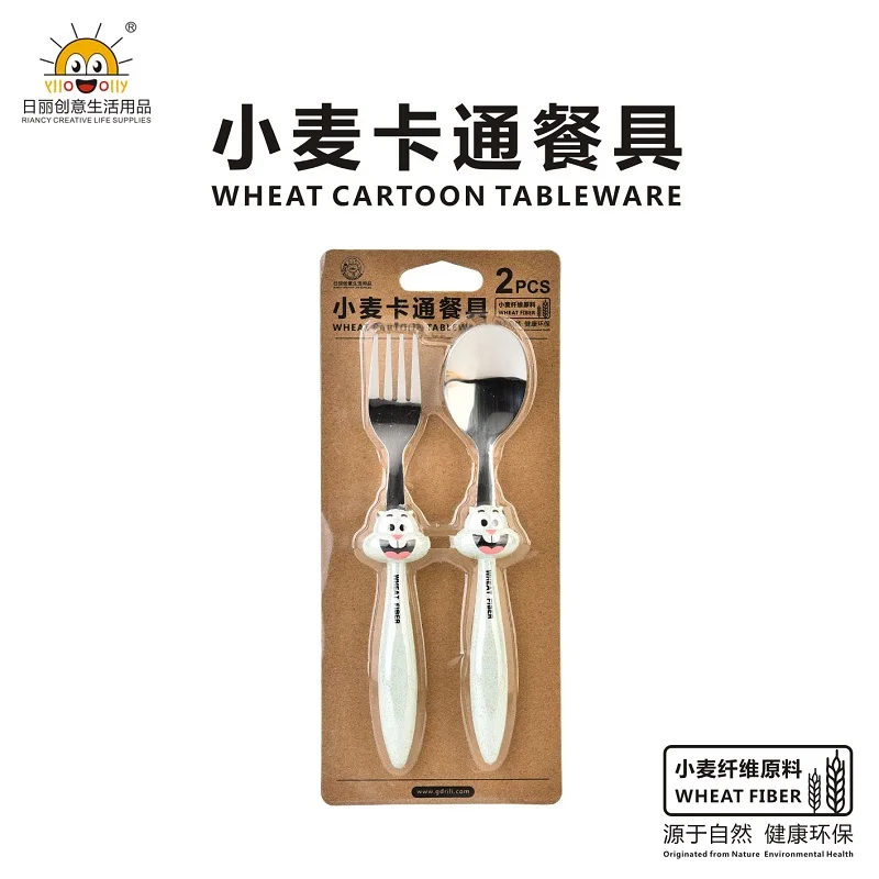 Wheat Straw Fiber Kids Dinnerware Set Stainless Steel Cutlery with Chopsticks Spoon Fork for Travel Disposable Weddings Gifts