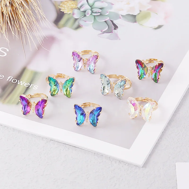 beautiful colorful butterfly ring wholesale blue diamond glass jewelry unique gold plated rhinestone crystal ring for women