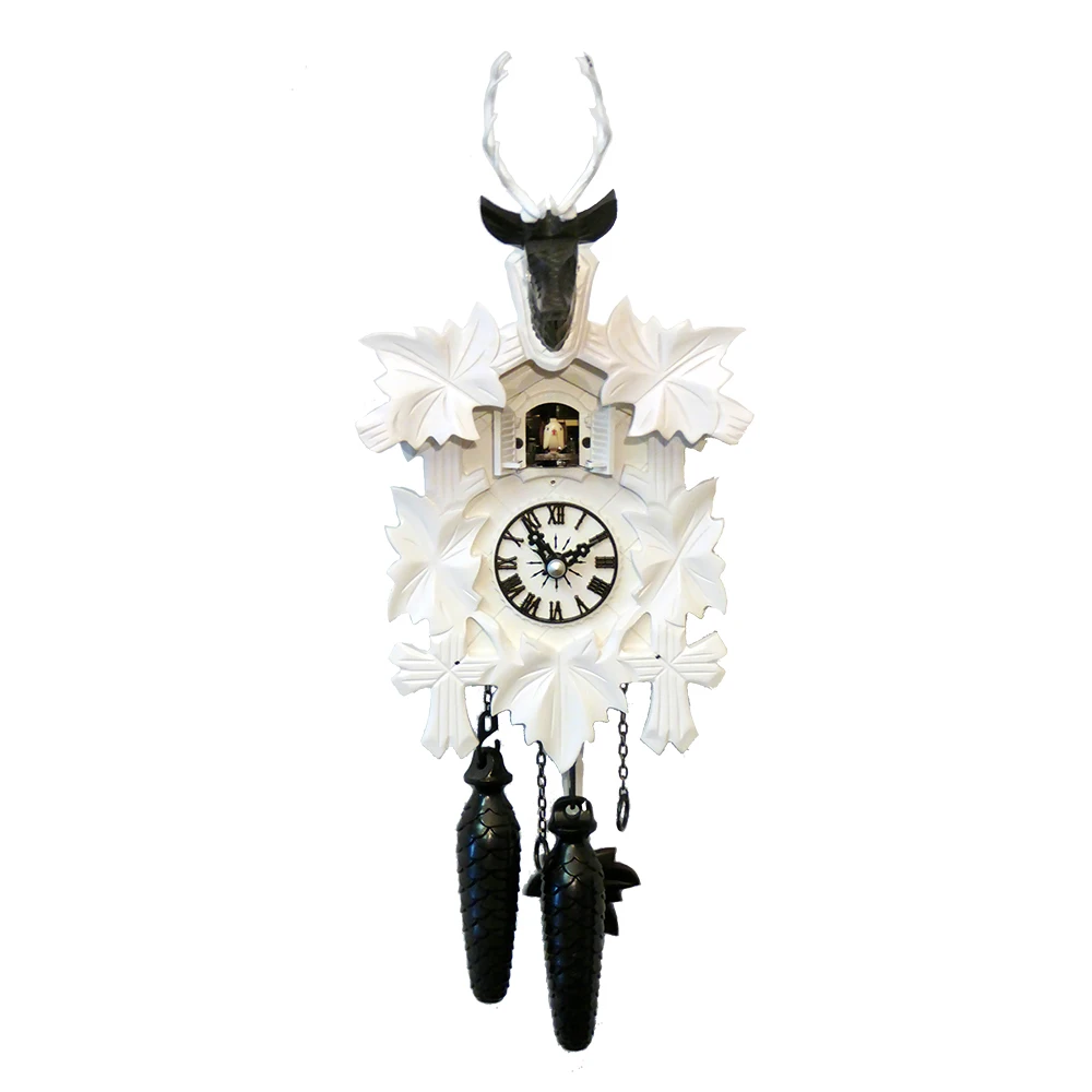 Wholesale Modern 5 Leaf Real Solid Wood Cuckoo Clock In White With Black Accents For Home Decoration