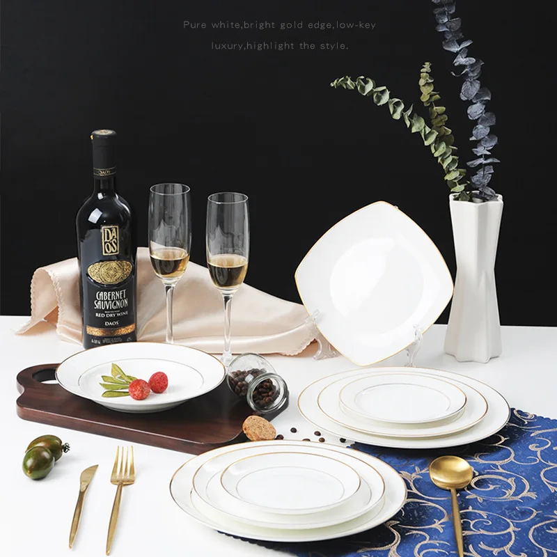 Wholesale Factory Price Simple Elegance Gold Rim Line Bone China Dinner Plate Charger Plates for Star Restaurant and Hotel