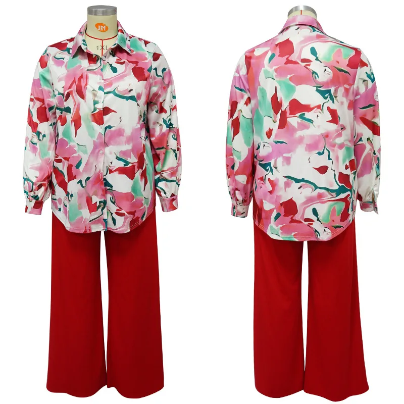 Hot selling women plus size New printed casual set loose lapel shirt high waist wide leg pants two pieces set