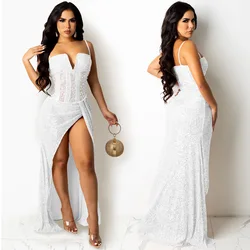 2022 New Arrivals Women Sexy V-neck Hot Drill Pearl Mesh Dresses Hot Sale Ladies Club Style Halter Sequined Long High Slit Dress