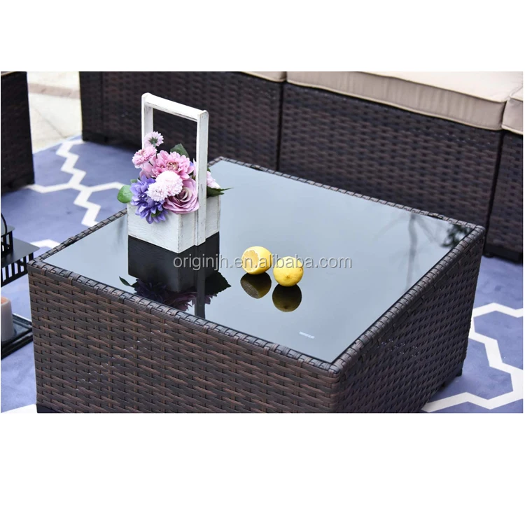 Wholesale outdoor patio tempered glass top table furniture modular sectional kd synthetic pe rattan wicker sofa set 7 seater
