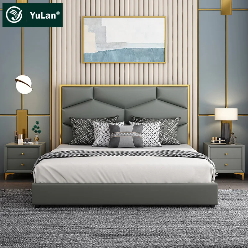 High quality bedroom furniture luxury headboard gray Pu Storage latest modern double bed