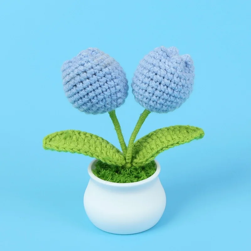 H132 Hand-woven Finished Simulation Flowers Double-headed Tulips Potted Plants Home Decoration Desktop Ornaments Woolen Flowers