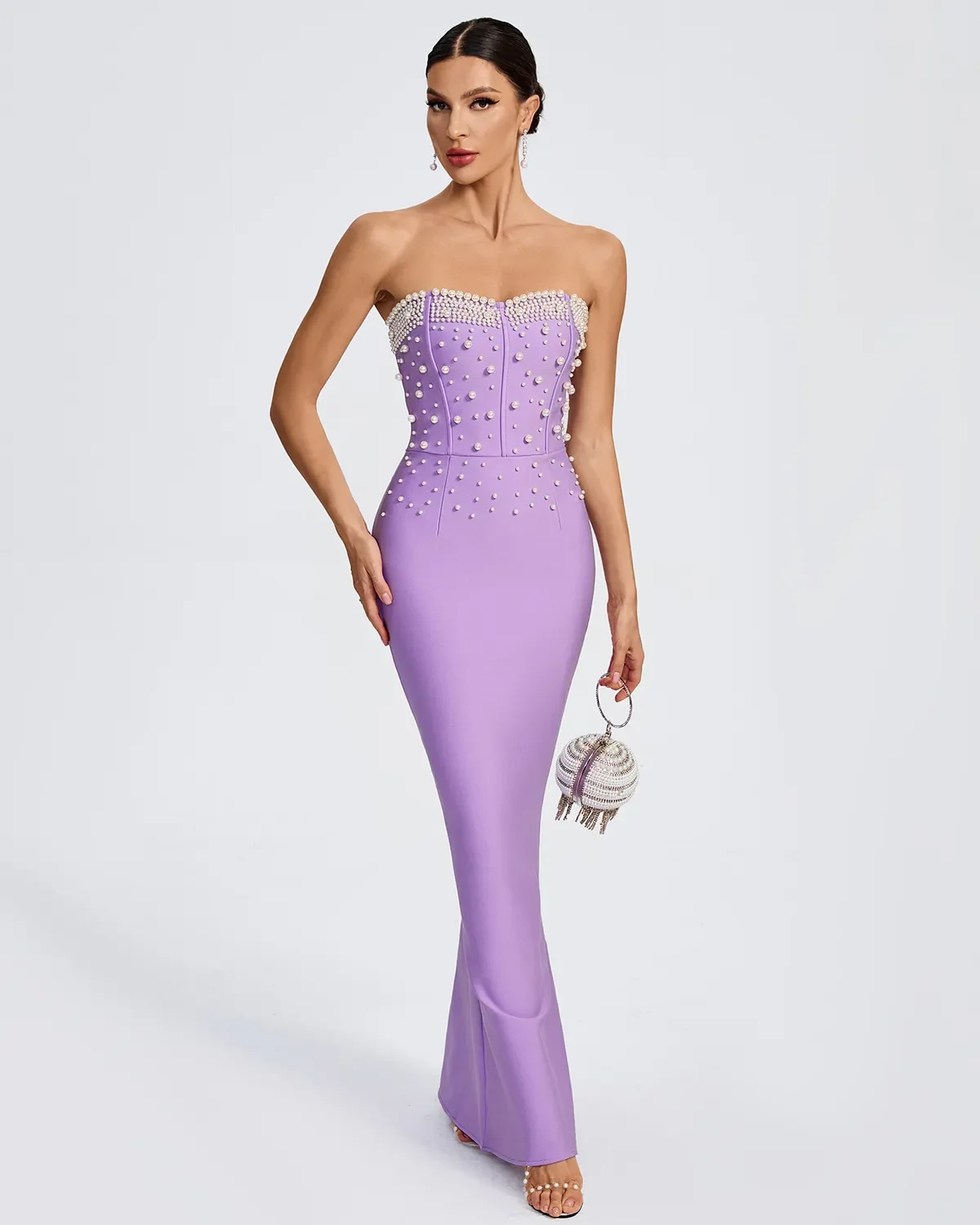 Bettergirl Popular Products Elegant Pearl Tube Top Purple Dresses Solid Color Casual Dress Backless Sleeveless Women Long Dress