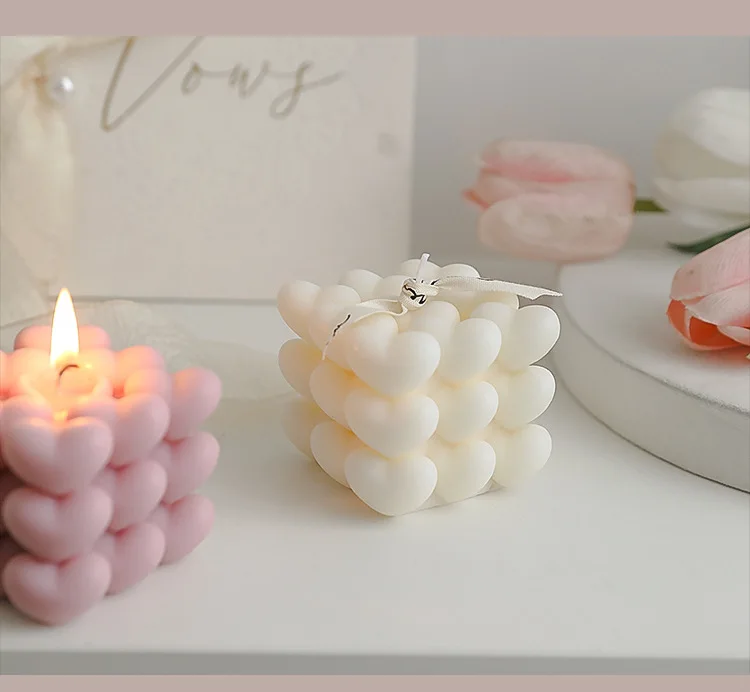 Ins Popular Customized Colors Heart Shaped Candle Trendy Love Cube Scented Candle for Wedding Birthday Decor