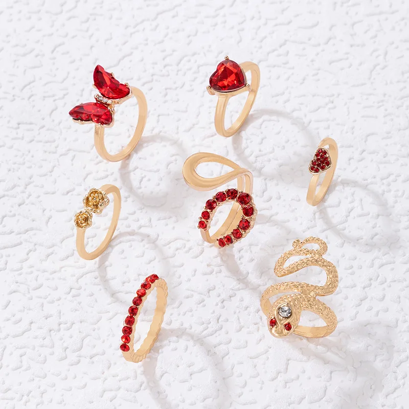 7Pcs/Set Diamond Adjustable Snake Shaped Butterfly Women Rings Set
