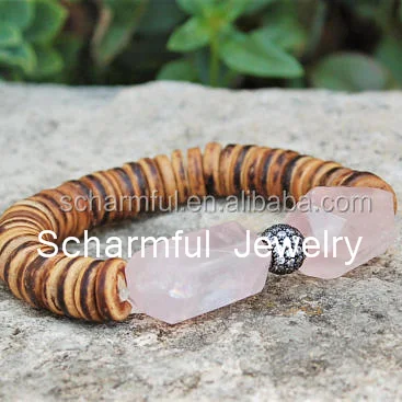 ST00268 Coconut Shell Bead Rose Quartz Nugget Beads Bracelet