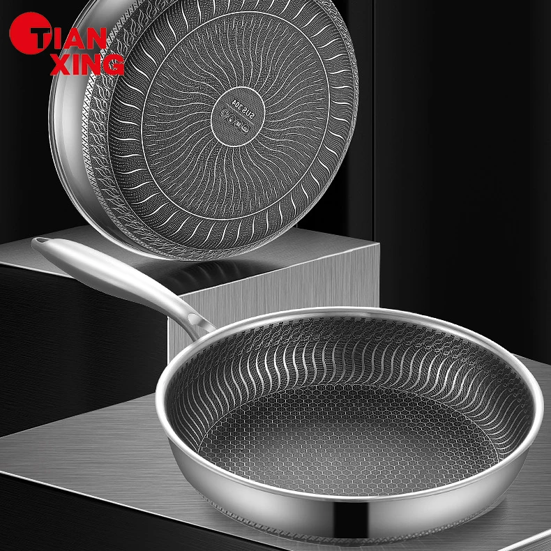 Tianxing Top Selling Food Grade Non-stick Hybrid Frying Pan Honeycomb Skillet 3-ply Stainless Steel Pans With Lid
