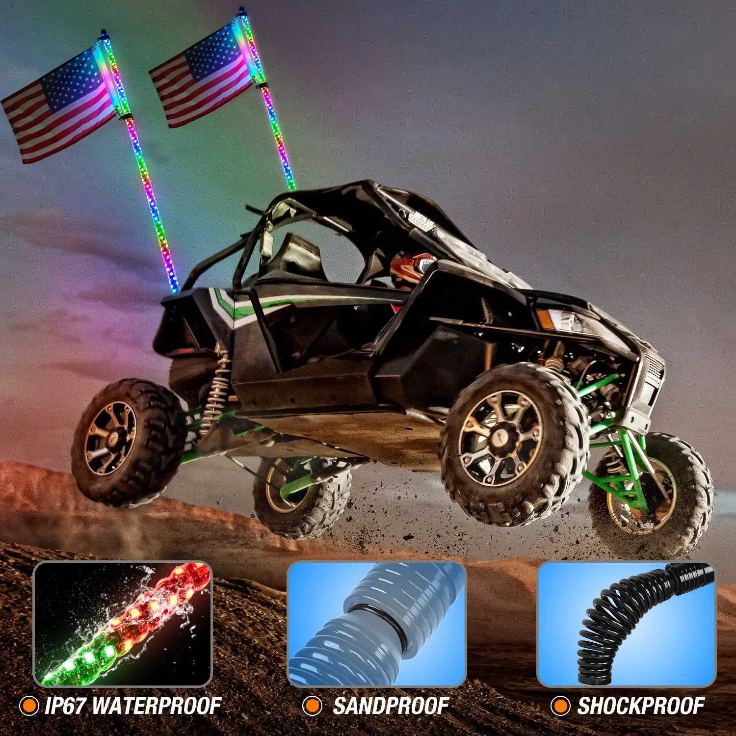 4FT Spiral RGB Led Whip Light with Spring Base Chasing Light RF Remote Control Lighted Antenna Whips for ATV UTV RZR Polaris