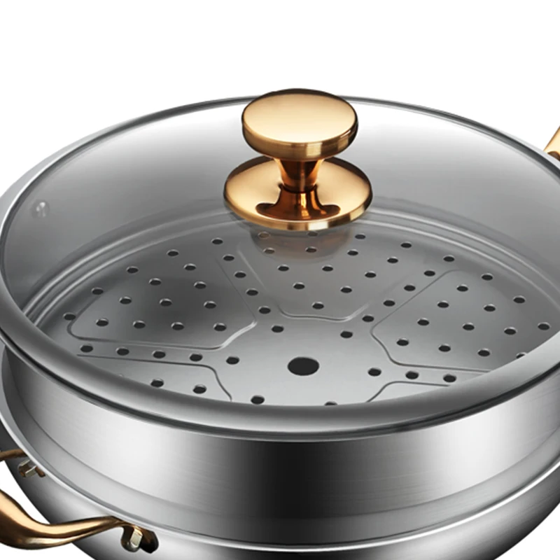 New design Double woks with steamer Multi-purpose stainless steel wok Gilded Lid and Handle Durable household kitchenware