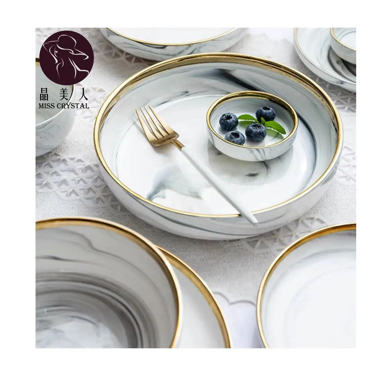 Ceramic Dinner Plates Set Dish Marble Design Steak Food Plate Salad Soup Bowl Dessert Cake Plate Dinnerware Set Restaurant Hotel