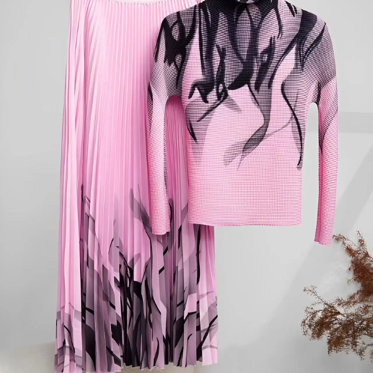 Miyake Pleated Temperament Corrugated Printed Pleated Skirt Set Fashion Design Sense Two-piece Set