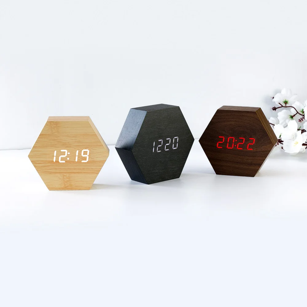 Marble Pattern table led number clock Digital Wooden LED Temperature Alarm Clock Wood Retro Glow Desktop Clock
