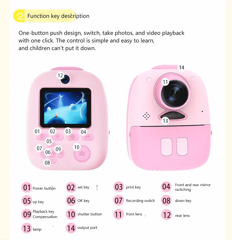 Kids Instant Print Camera 2.4 Inch Hd 1080P Thermal Photo Paper 1200Mah High Capacity Lithium Battery