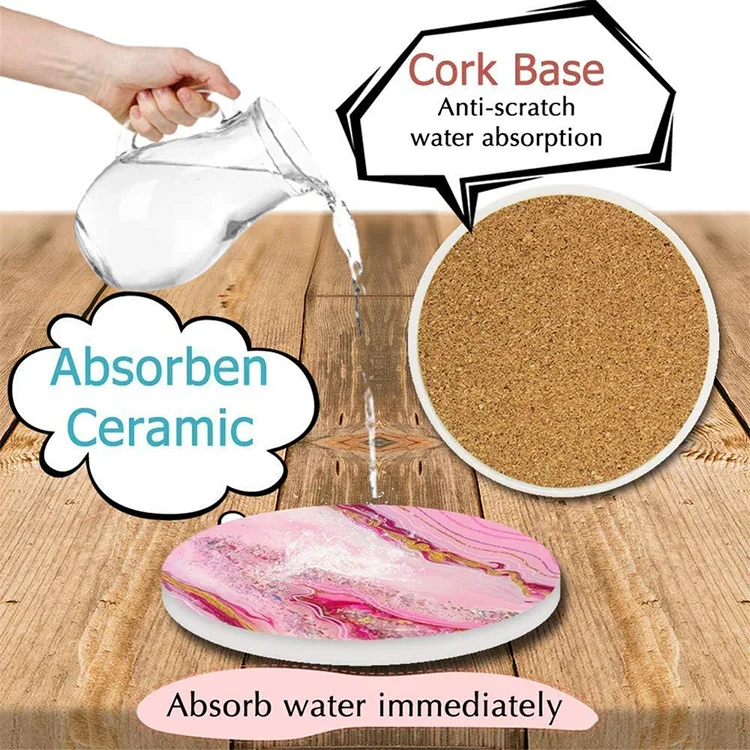 Wholesale Custom Sublimation Printed Promotional Absorbent Drinks Non-slip Glossy Round Ceramic Coasters With Cork Base