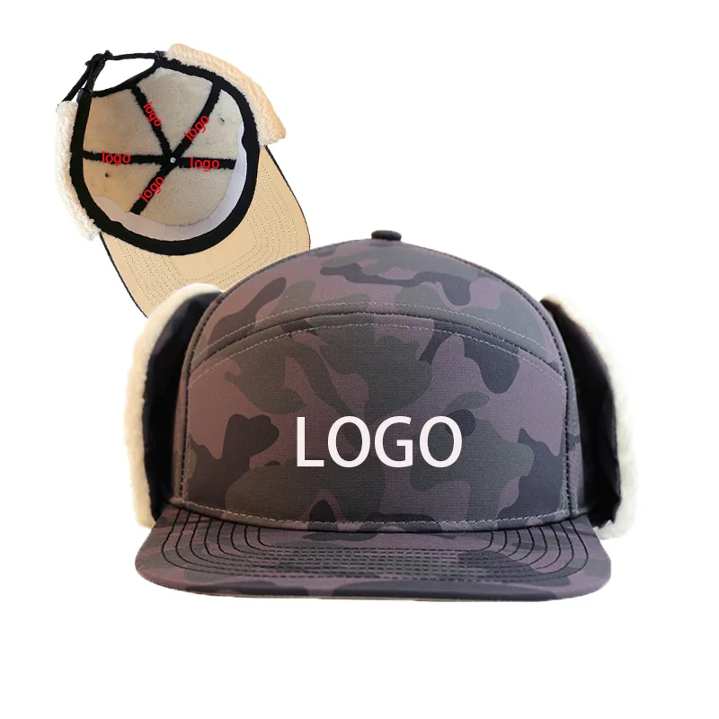 HS48 flat brim snapback windproof Fleece Lined ear flap fur trooper polit custom logo Aviator hat winter skiing caps for men