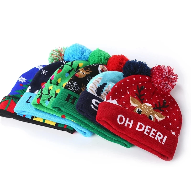 Christmas Hats Sweater Santa Knitted Beanie Hat With LED Light Up Cartoon Pattern Christmas Gift For Kids New Year Supplies
