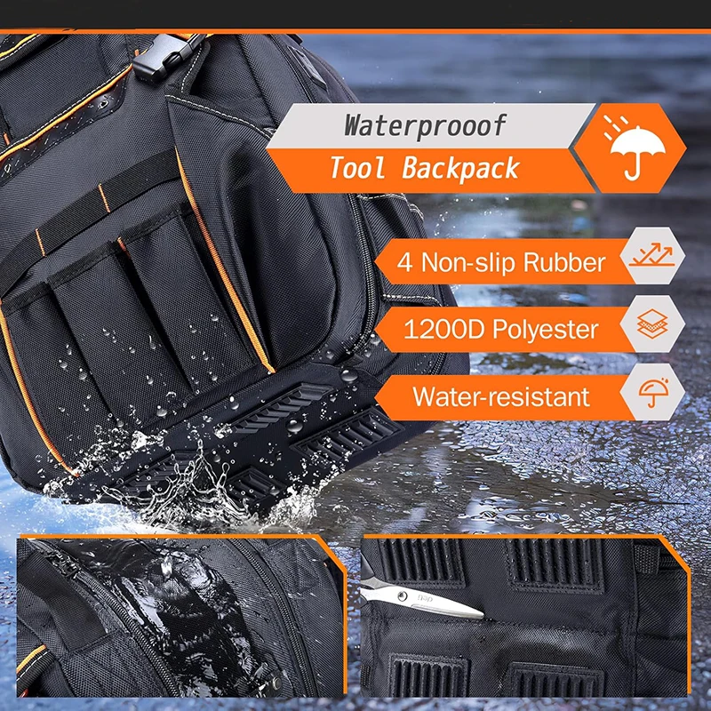 Waterproof Tool Bag With Laptop Compartment Durable Tool Carrier with Charging Port Large Capacity Tools Storage Backpack