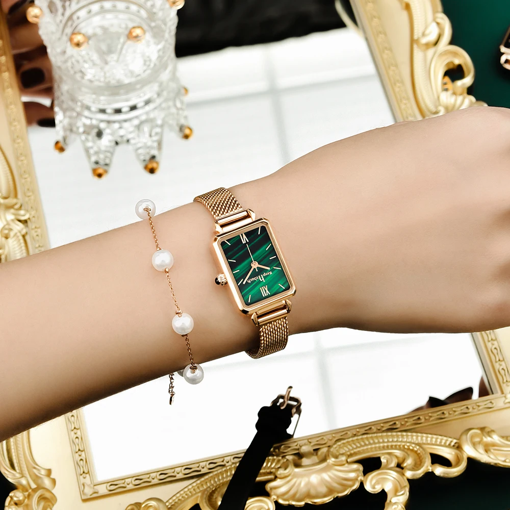 Little green table square plate ladies waterproof restoring ancient ways quartz watch with malachite green female skin