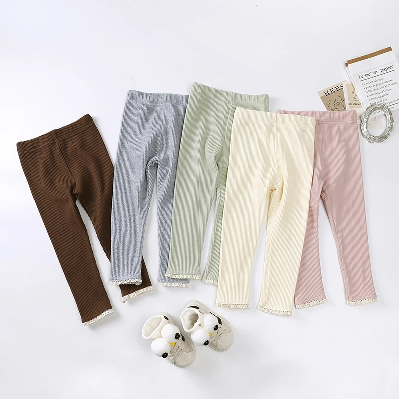 1-9 years kids girls pants ribbed cotton pants for children solid cute trousers with lace fashion kids long pants wholesale