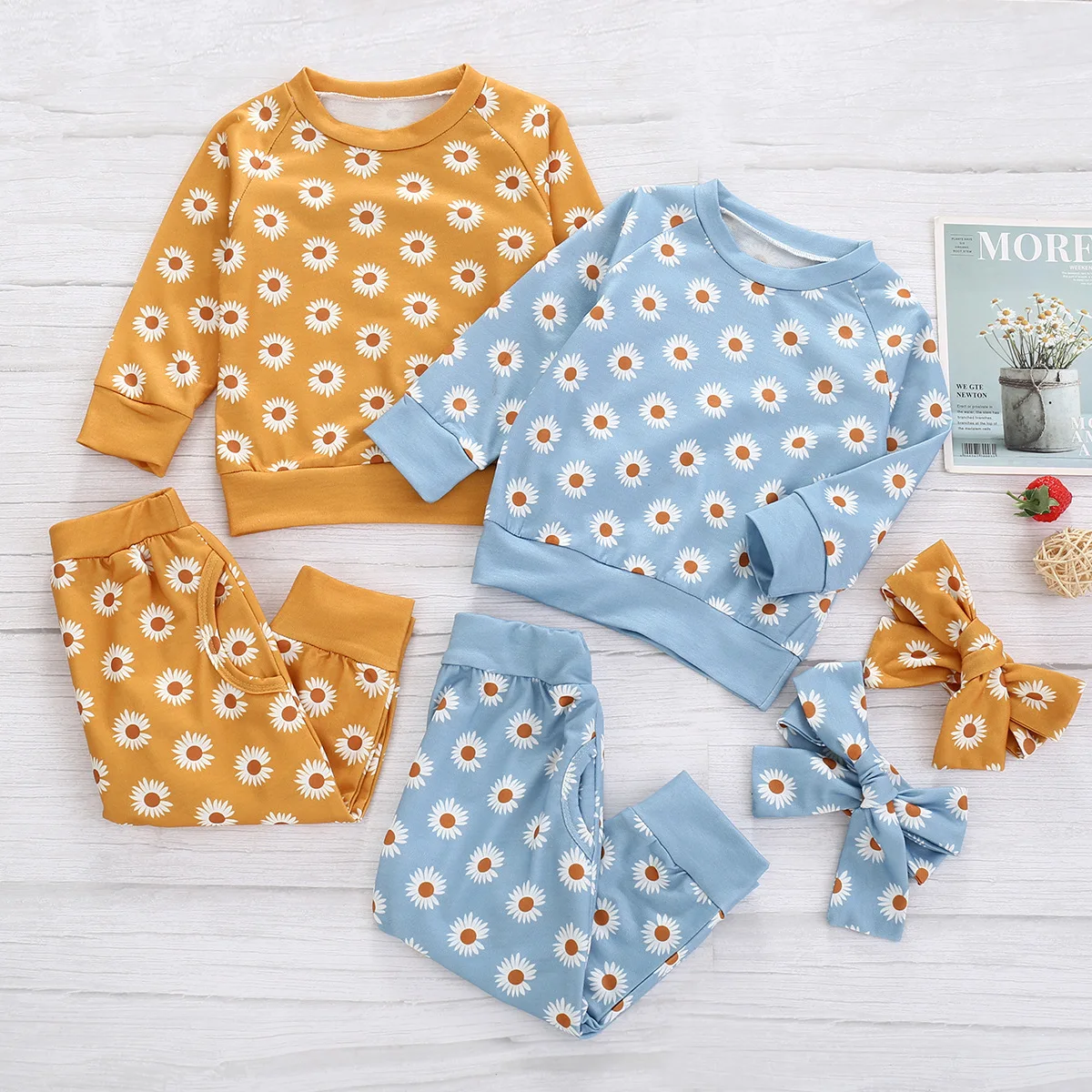 Best seller 4 colors korean style spring and autumn daisy pattern printed newborn baby girl clothes clothing sets