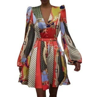 High quality ODM customized long puff sleeve plain dyed v neck elegant shiny satin A line women casual dresses