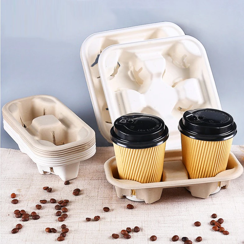 Disposable Biodegradable Bagasse Sugarcane Coffee Cup Holder Carry Tray for 2/4 Cups