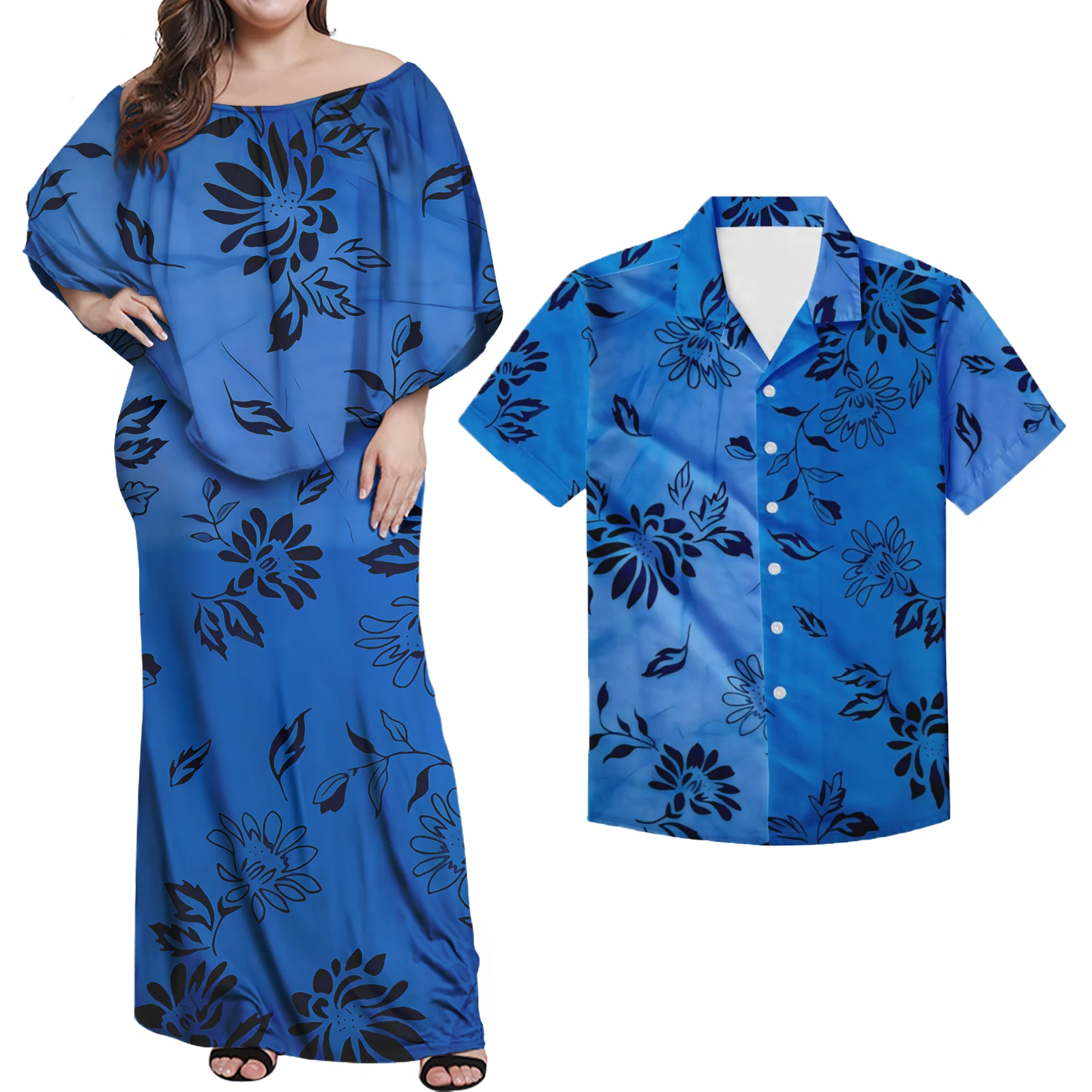Hot Sale Evening Club Poncho Maxi Dress Women Match Man Aloha Short Sleeve Shirt Oversize Polynesian MANA Blue Sets Of Couples